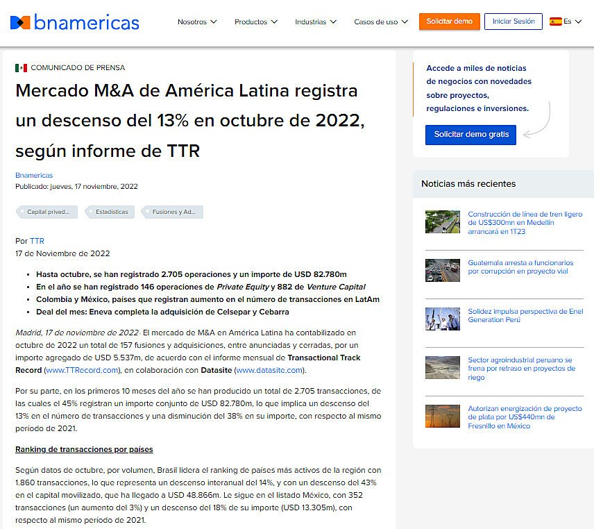 Mercado M&A de América Latina registra un descenso del 13% en octubre de 2022, según informe de TTR